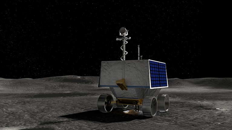 An artist's concept of NASA’s Volatiles Investigating Polar Exploration Rover, or VIPER, drilling on the moon's surface