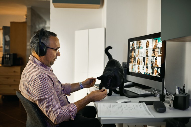 Man distracted by cat while videoconferencing