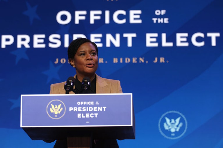 Alondra Nelson speaking at a podium labelled 'Office of the president elect'.