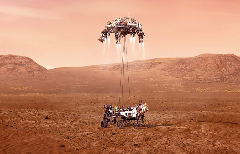 的美国宇航局的毅力罗孚安全地在火星表面着陆。