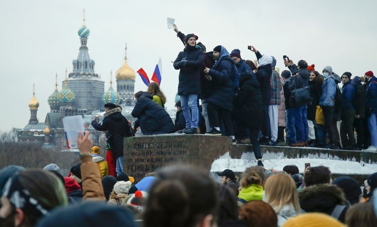 Crowds gather at a demonstration in St Petersburg