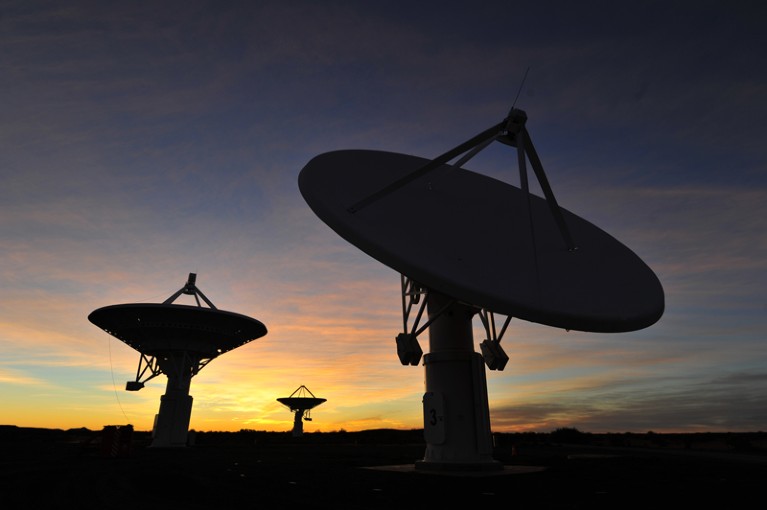 South Africa’s Karoo-based KAT-7 radio telescope array at sunset