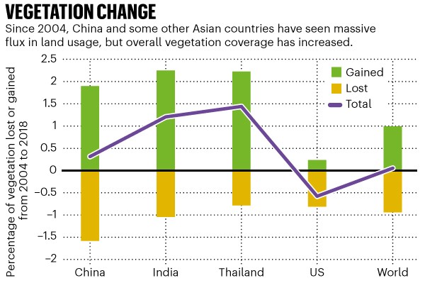 Vegetation change: chart comparing land usage and vegetation coverage for China, India, Thailand, the US and the world