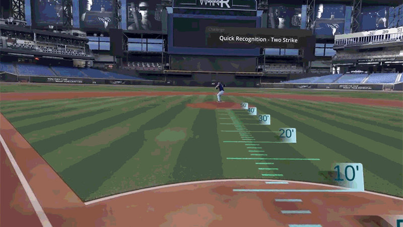 A virtual pitcher throws a ball at a user in virtual reality