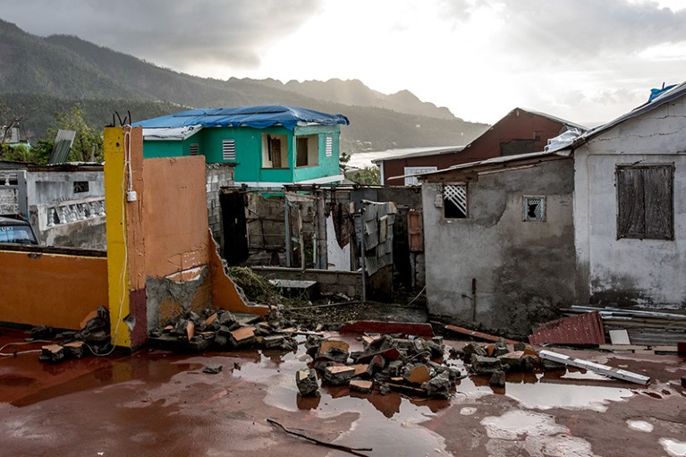 A house destroyed by Hurricane Maria in Grand Bay, Dominica, 2018