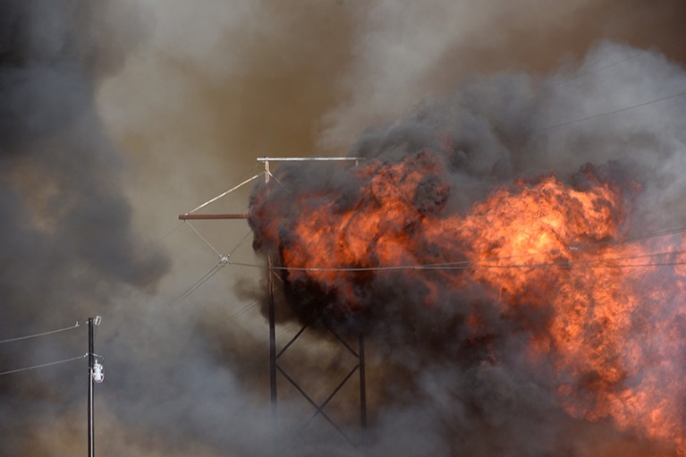 A fire burns an electricity pylon in Oklahoma, US