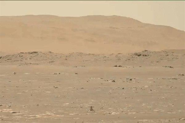 Animated sequence captured from NASA's Mars Perseverance rover, showing Ingenuity’s flight.