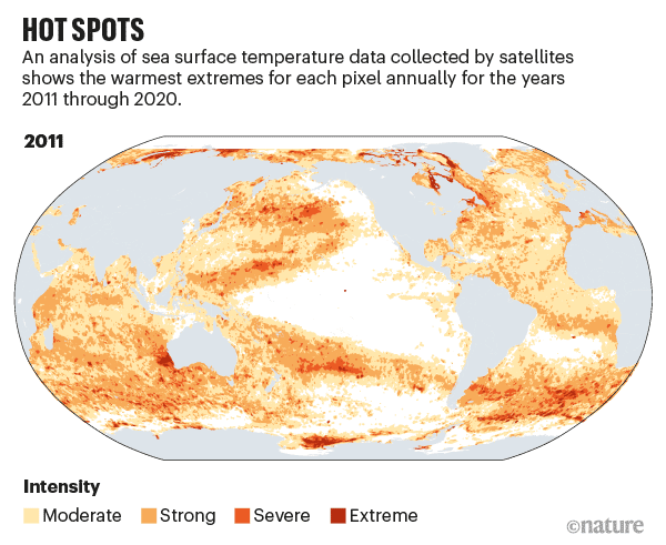 Hot spots. A world map of showing heatwaves between 2011 and 2020
