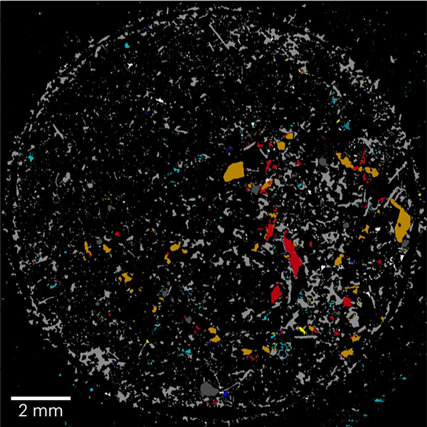 False colour image of microplastic sample showing different types of plastics in different colours