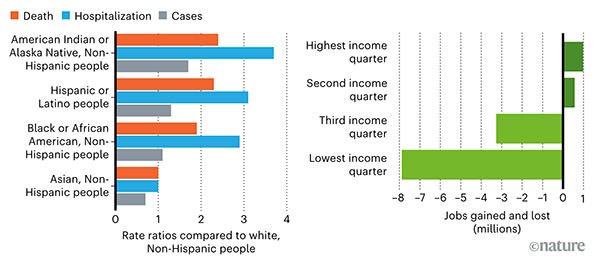 Charts comparing the rates of COVID-19-related deaths, hospitalizations and cases by race and job losses by income level.