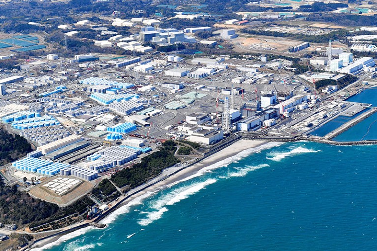 Aerial view of tanks holding radiation-contaminated water on the Fukushima Daiichi Nuclear Power Plant site.