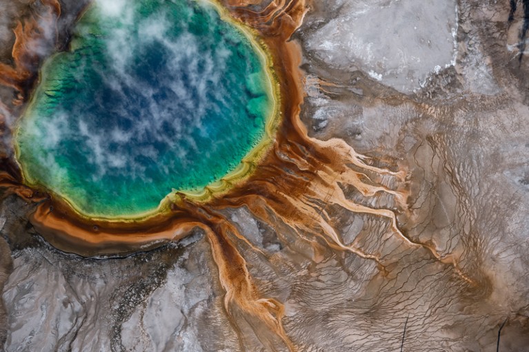 Aerial view of the Grand Prismatic hot spring in Yellowstone national park, USA
