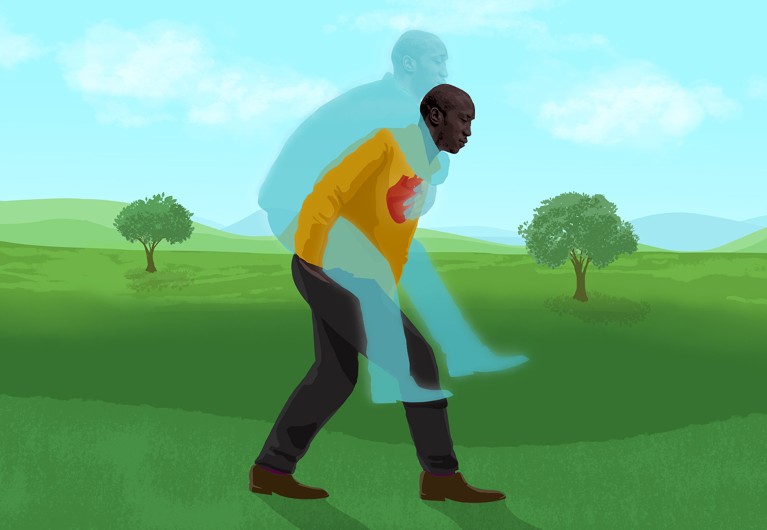 Illustration of a person giving a ghostly image of them slevs a piggyback ride