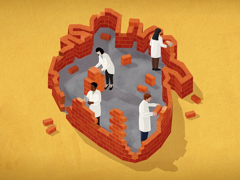 Illustration of scientists in lab coats building a heart shape out of bricks