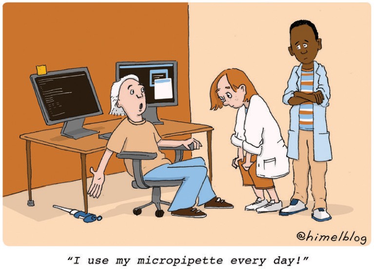 Cartoon: A person shows their desk propped up on a micropipette. Caption: "I use my micropipette every day!"