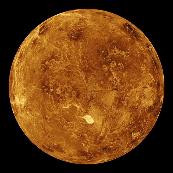 Computer simulated global view of the northern hemisphere of Venus.