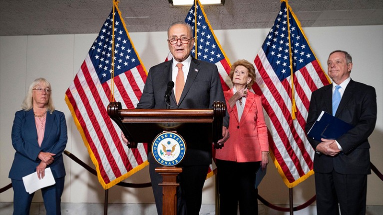 Senate Majority Leader Chuck Schumer speaking at a press conference in Washington, DC.