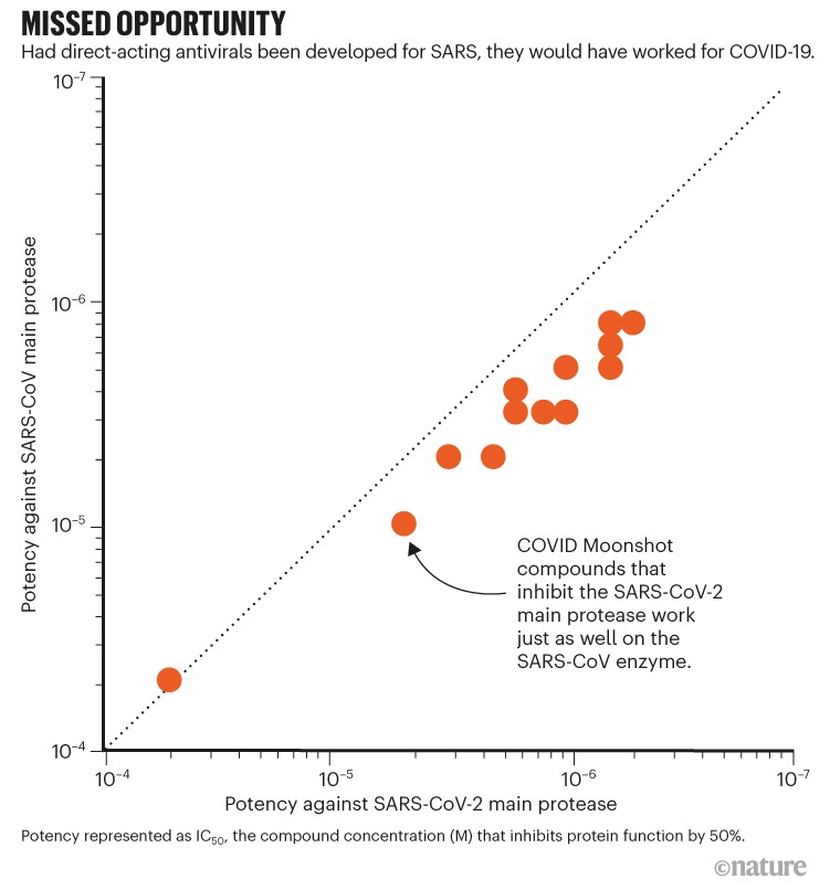 Missed opportunity. Scatter plot showing COVID compounds that inhibit the SARS-CoV2 main protease work on SARS-Cov enzyme.