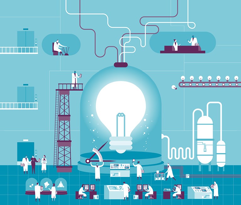 Illustration showing scientists working at machines and creating measurements around a central large lightbulb.