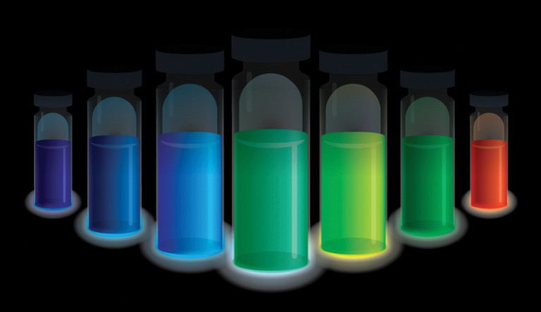 Illustration of seven tubes containing different coloured liquids