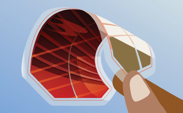 Illustration of a hand holding a thin-film solar cell
