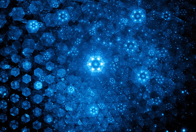 An abstract artist's impression of nanotechnology. Blue hexagonal shapes representing nanoparticles are repeated in a pattern