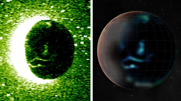 Left, atomic oxygen emission from Mars; right, an artist's impression inspired by data captured at Mars shows its aurora