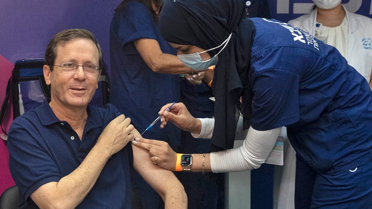 Israeli President Isaac Herzog receives a third dose of the Pfizer/BioNTech Covid-19 vaccine.