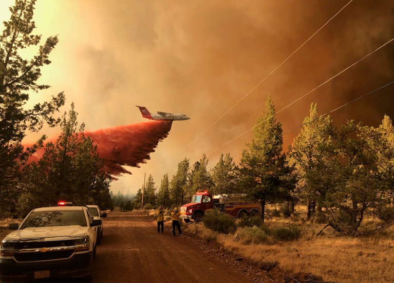 A firefighting aeroplane tanker flies over a forest fire in Oregon, dropping a cloud of red powder fire retardant