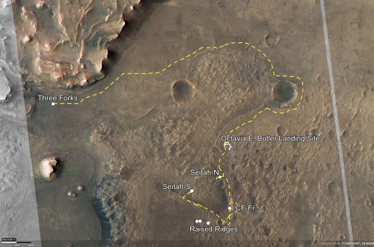 An annotated image of Mars’ Jezero Crater depicting the route of NASA’s Perseverance rover.