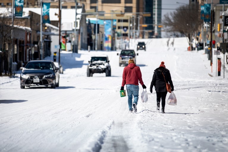 People carry groceries while walking down a snowy street