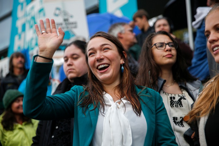 Kelsey Juliana photographed in 2018, attends a rally with other plaintiffs in climate change lawsuit Juliana vs. US