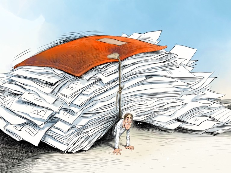 Illo of a person squashed by pile of papers.