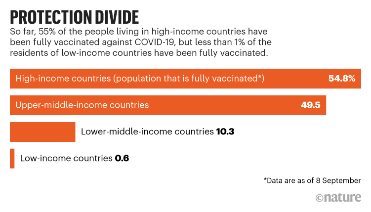 PROTECTION DIVIDE. Chart showing percentage of people fully vaccinated against COVID-19 in high and low income countries.