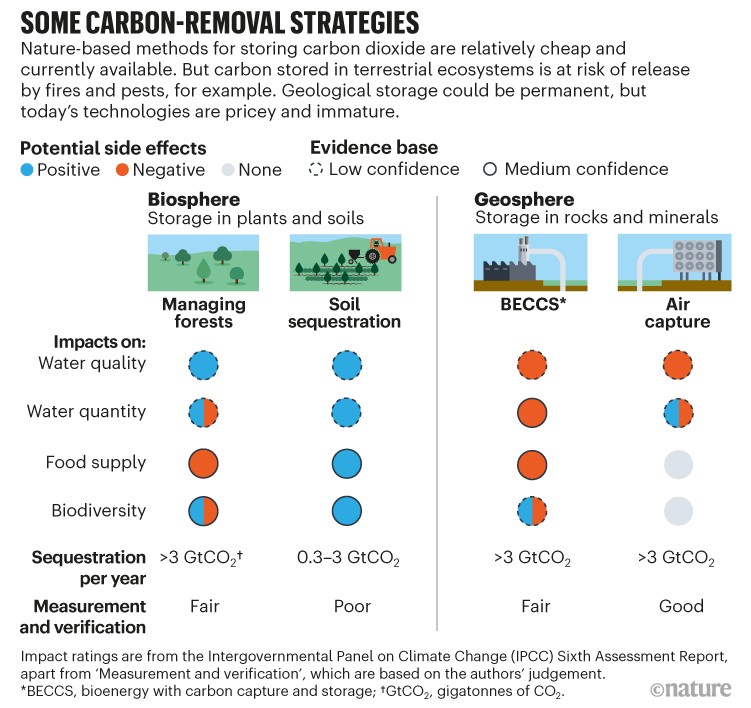 一些碳去除策略。显示生物圈和地圈储存对水、食物和生物多样性的影响的图表。