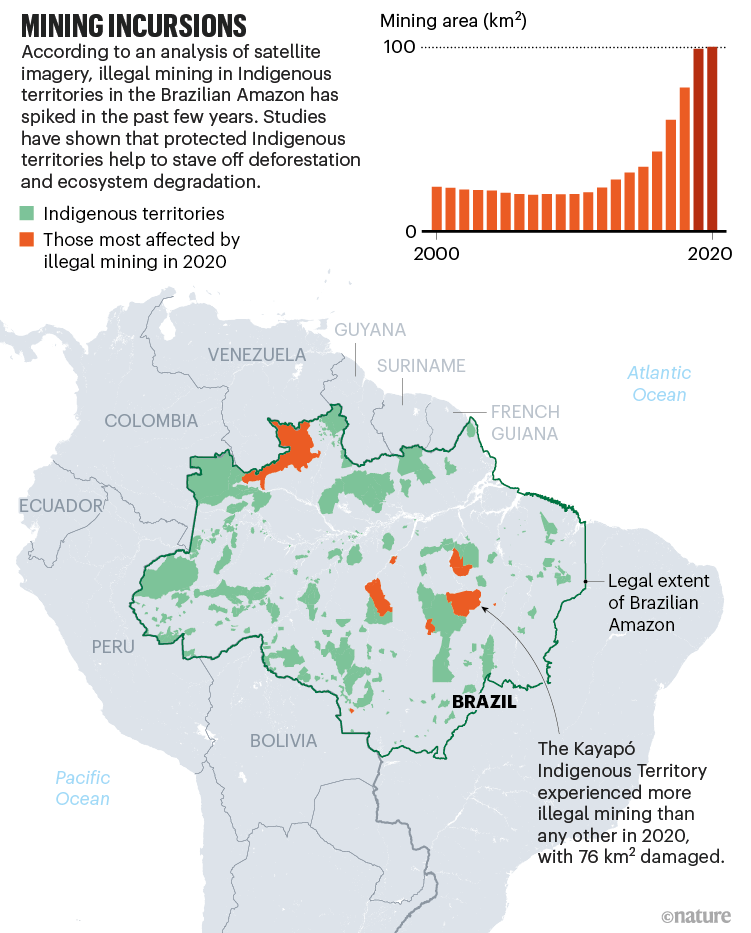 挖掘的入侵。巴西原住民领地受非法采矿影响的地图。