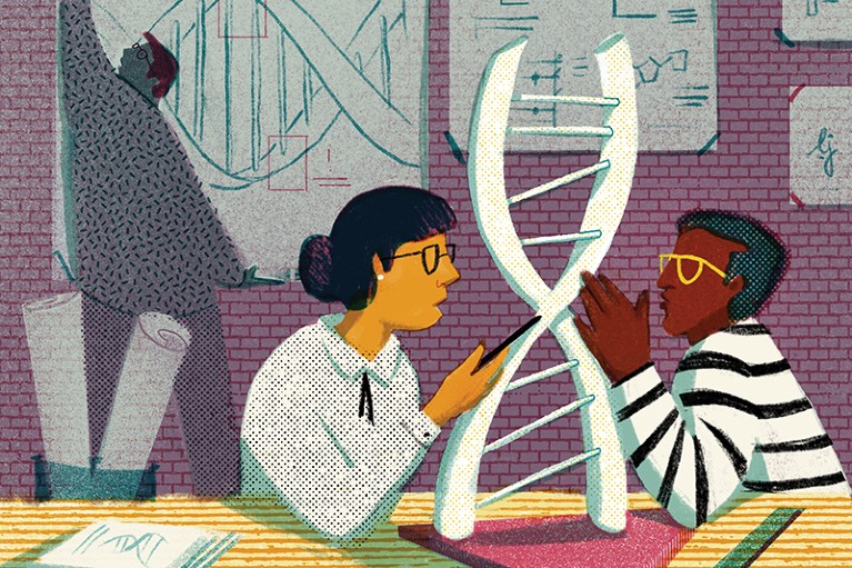 Illustration of scientists looking to engineer better diagnostic test using DNA