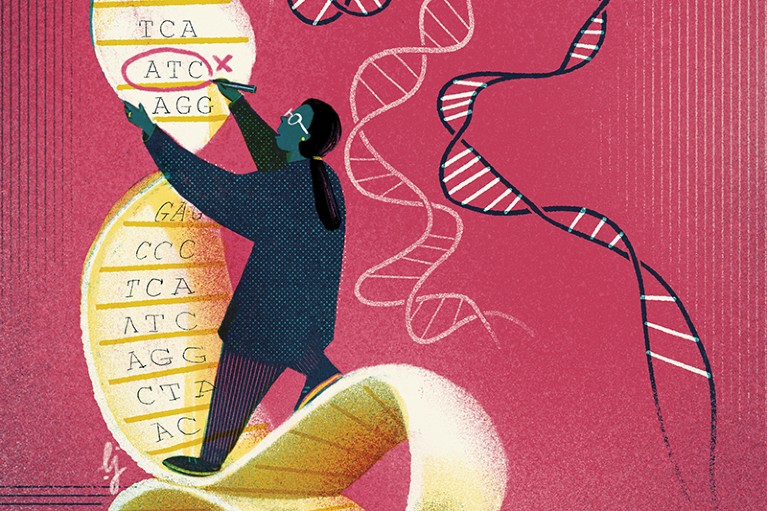 Illustration of scientist identifying gene sequence to fix using gene therapies