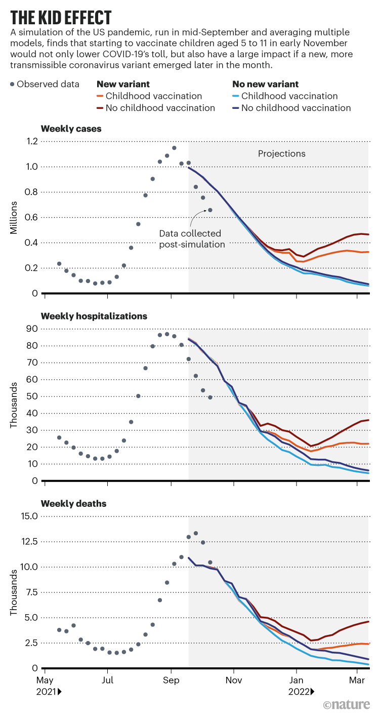 The kid effect: A simulation of the effect of vaccinating US children aged 5 to 11 against COVID-19 in early November 2021.