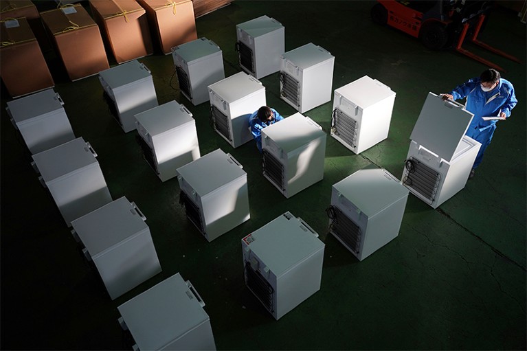 ultralow-temperature freezers are seen at a warehouse at Kanou Reiki, in Sagamihara, west of Tokyo