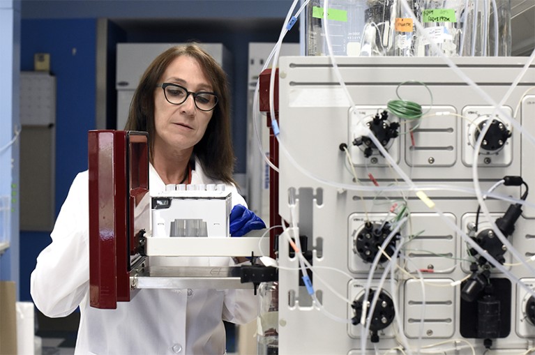 Maria Elena Bottazzi photographed in a lab at Baylor College of Medicine