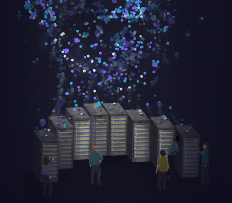 Illustration of researchers standing by a bank of computers out of which data flow, forming an image of a human head
