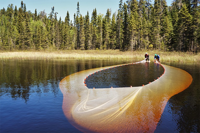 Two people involved in lake monitoring program, at Ontario’s IISD Experimental Lakes Area