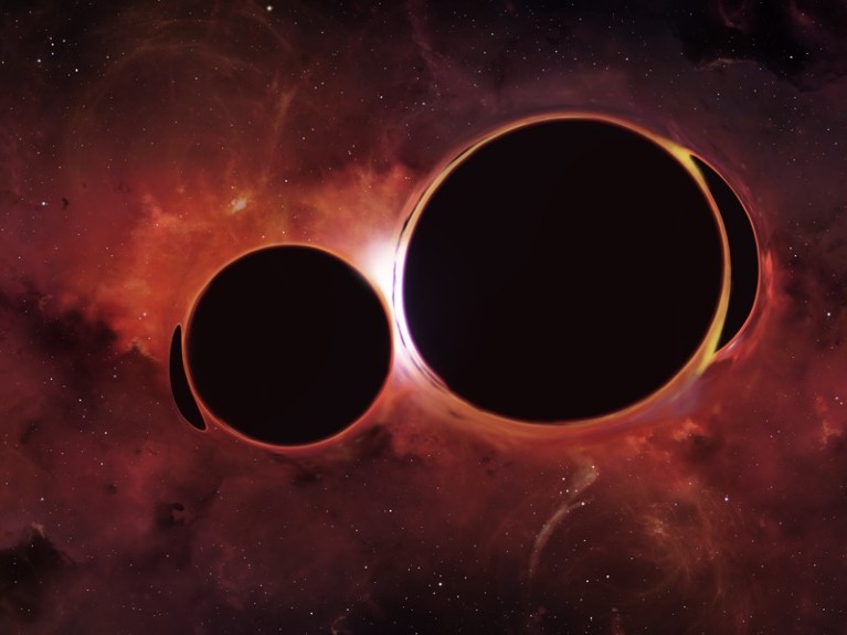 Illustration of two black holes orbiting each other. Eventually the black holes will merge.