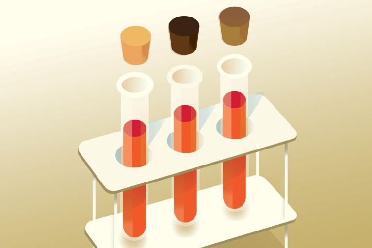 Cartoon of three test tubes filled iwth liquid, each with a different coloured stopper