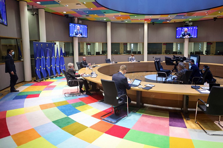 A video conference during a special session of World Health Assembly at the European Council building in Brussels.