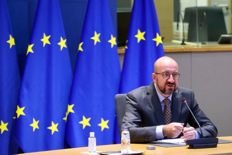 European Council President Charles Michel gives a speech via video conference during a special session of World Health Assembly
