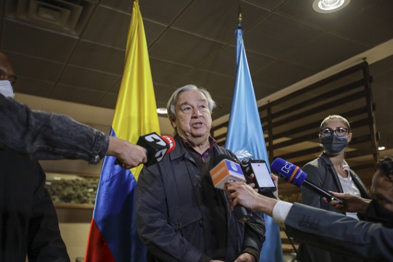 UN Secretary-General Antonio Guterres speaks with the press