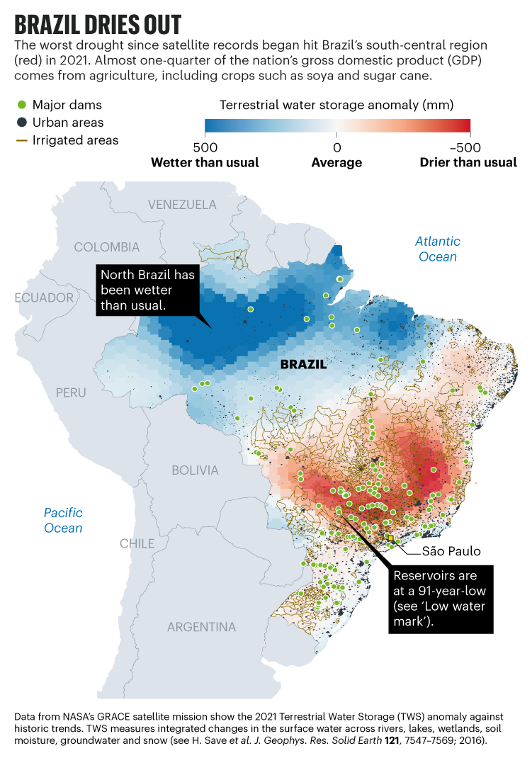 Brazil dries out: Map showing the effects of the drought in 2021 on Brazil's south-central region.