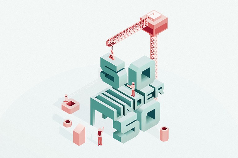 Illustration of a crane creating a stack of huge letters that say "50 under 50"